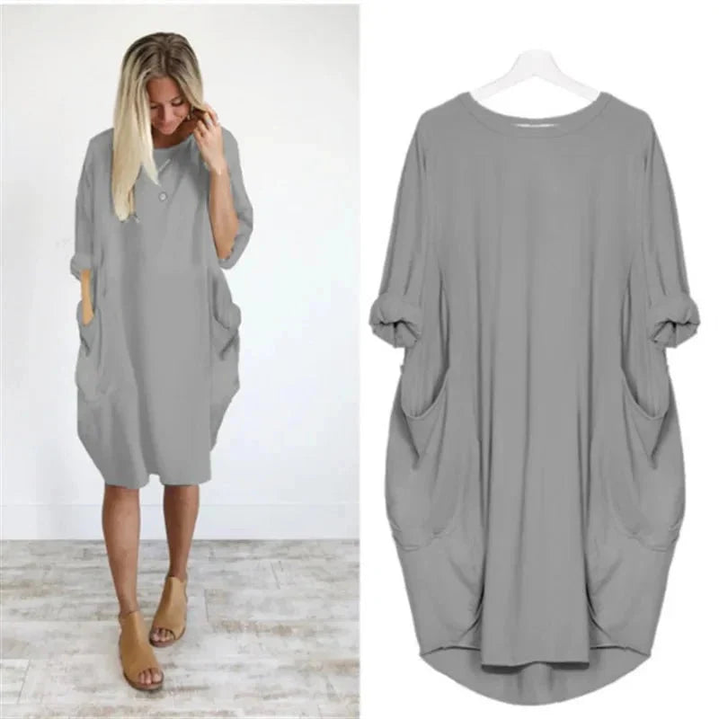 Women's Oversized Knee-Length Cocoon Dress with Pockets in Gray, model and flat lay view