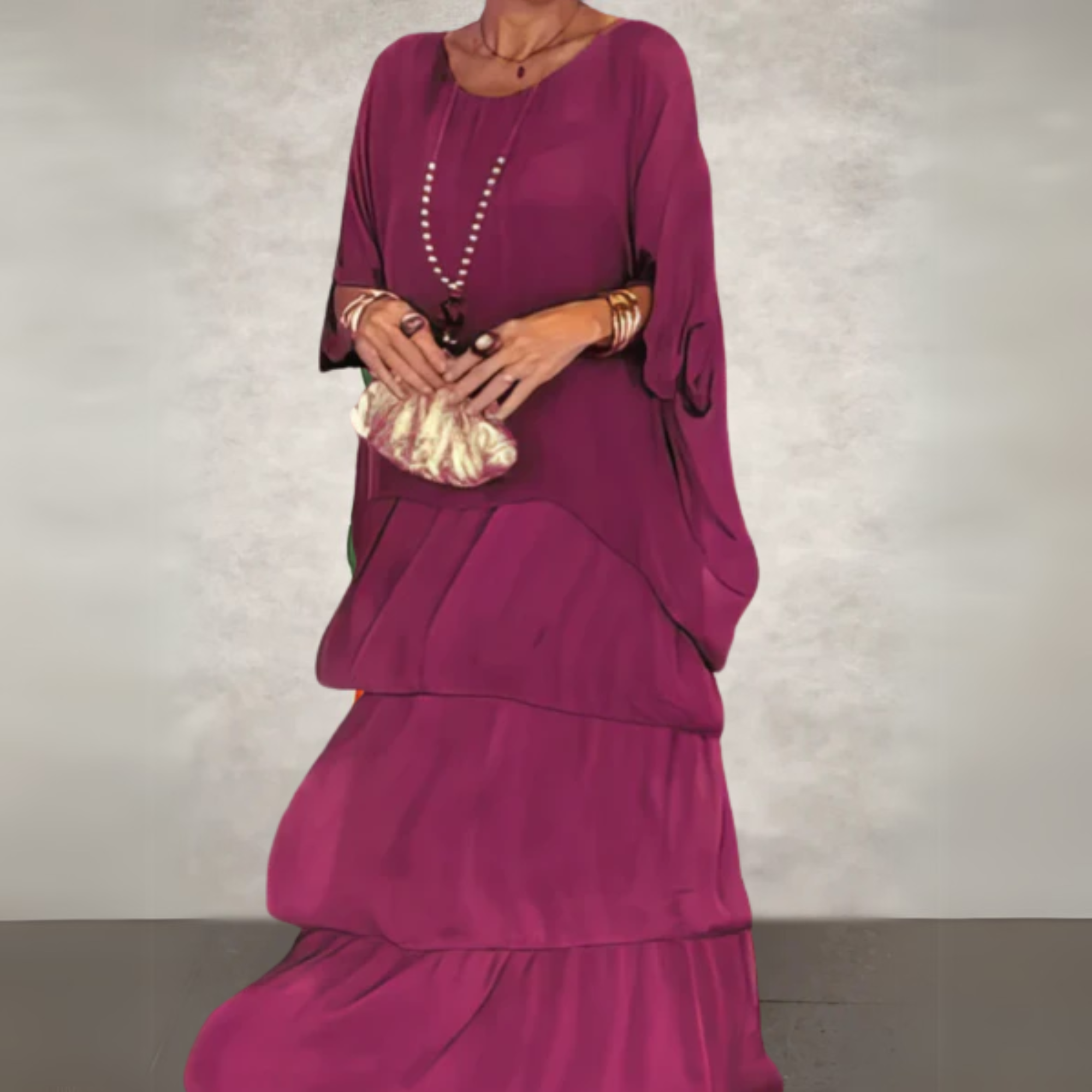 Women's Batwing Sleeve Loose Fit Tiered Maxi Dress in Dark Pink, on model