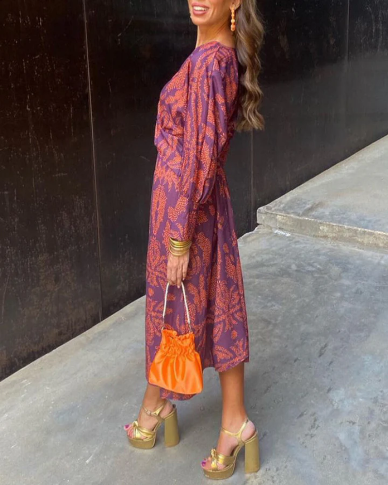 Women's Paisley Print Long Sleeve Twist Front Maxi Dress, on model, alternate angle