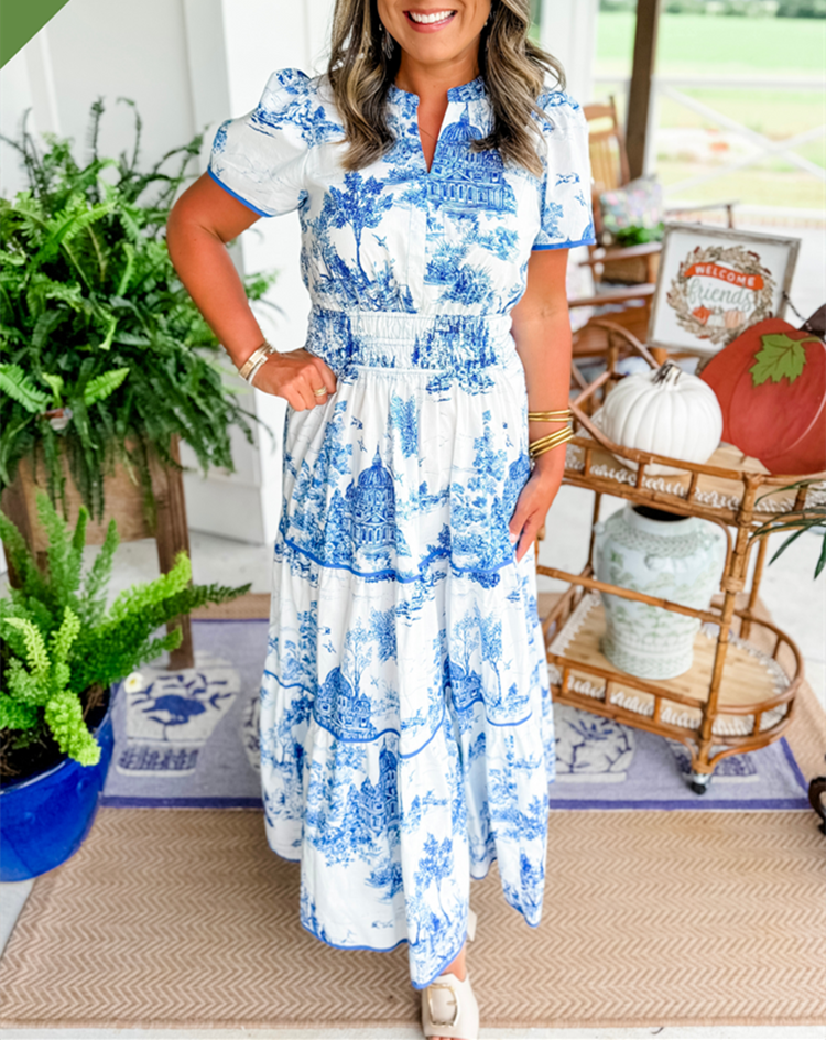 Women's Printed Short Sleeve Tiered Maxi Dress in Blue, on model