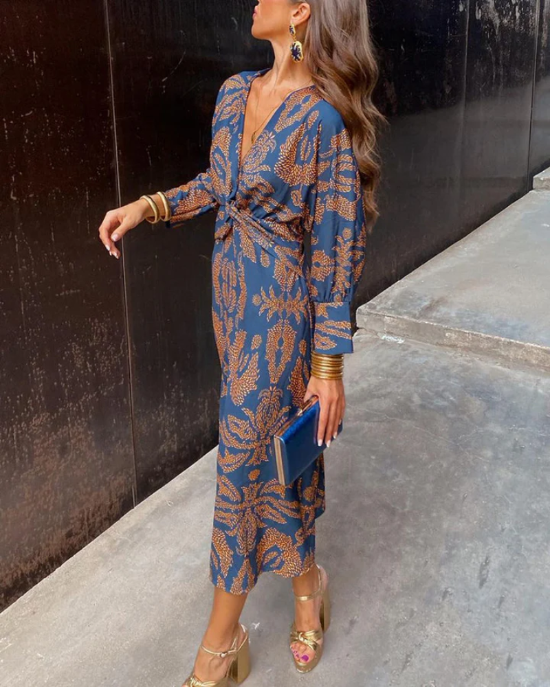 Women's Paisley Print Long Sleeve Twist Front Maxi Dress, styled on model, full length