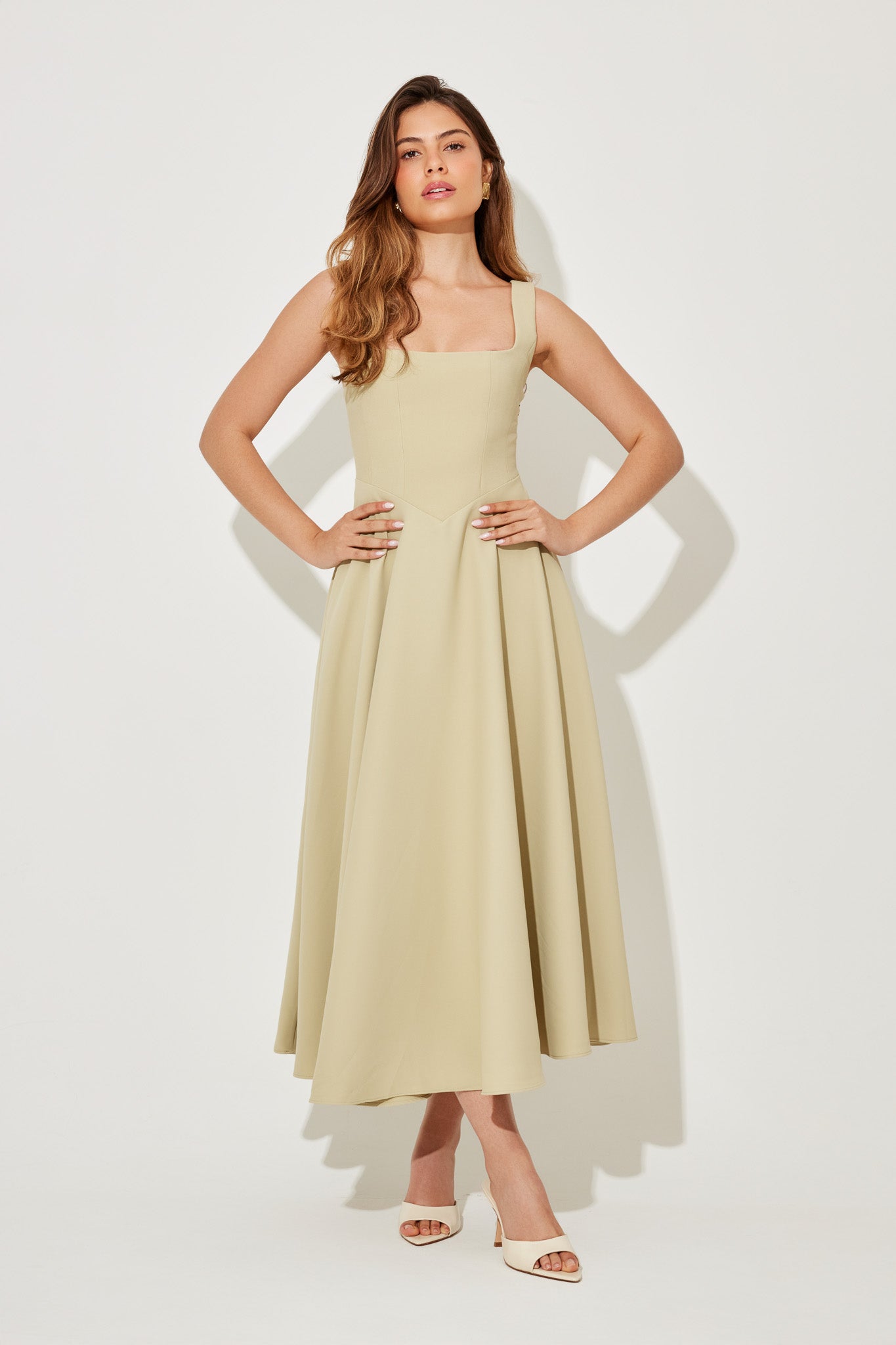 Women's Square Neck Sleeveless Fit and Flare Midi Dress in Sage, on model