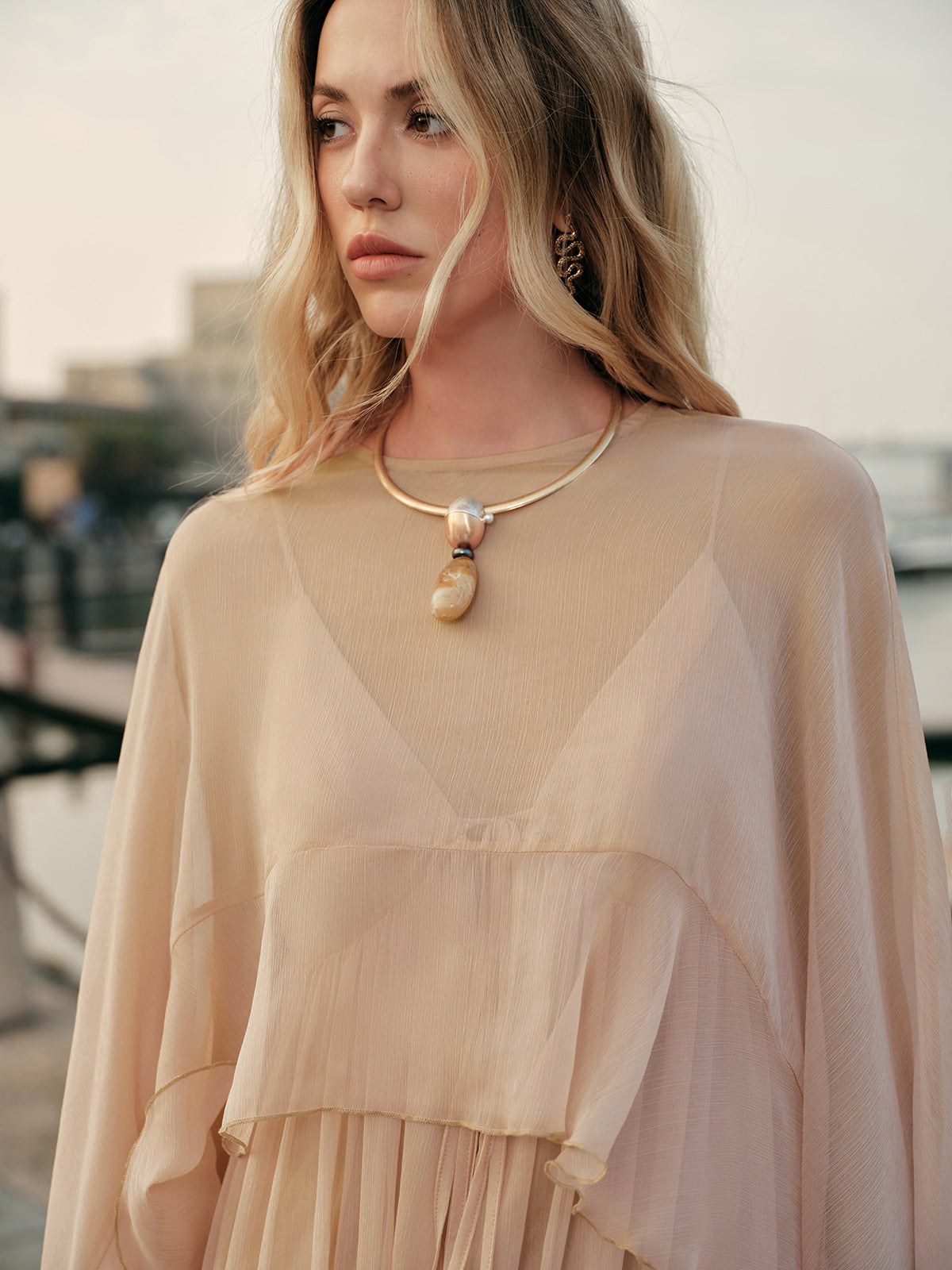 Women's Chiffon Cape Sleeve Ruffle Maxi Dress, on model, alternate angle