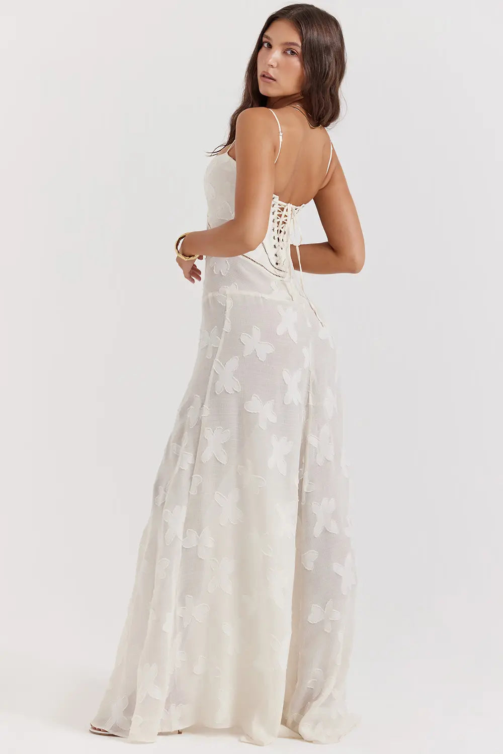 Women's Spaghetti Strap Lace-Up Back Maxi Dress, on model, detail view