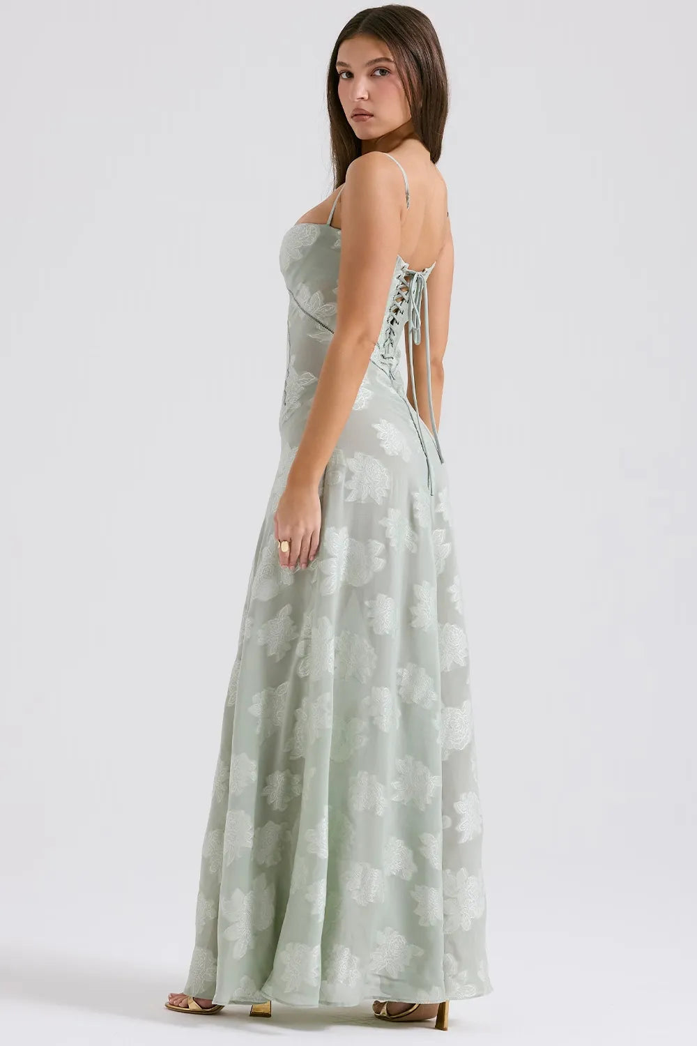 Women's Spaghetti Strap Lace-Up Back Maxi Dress, styled on model