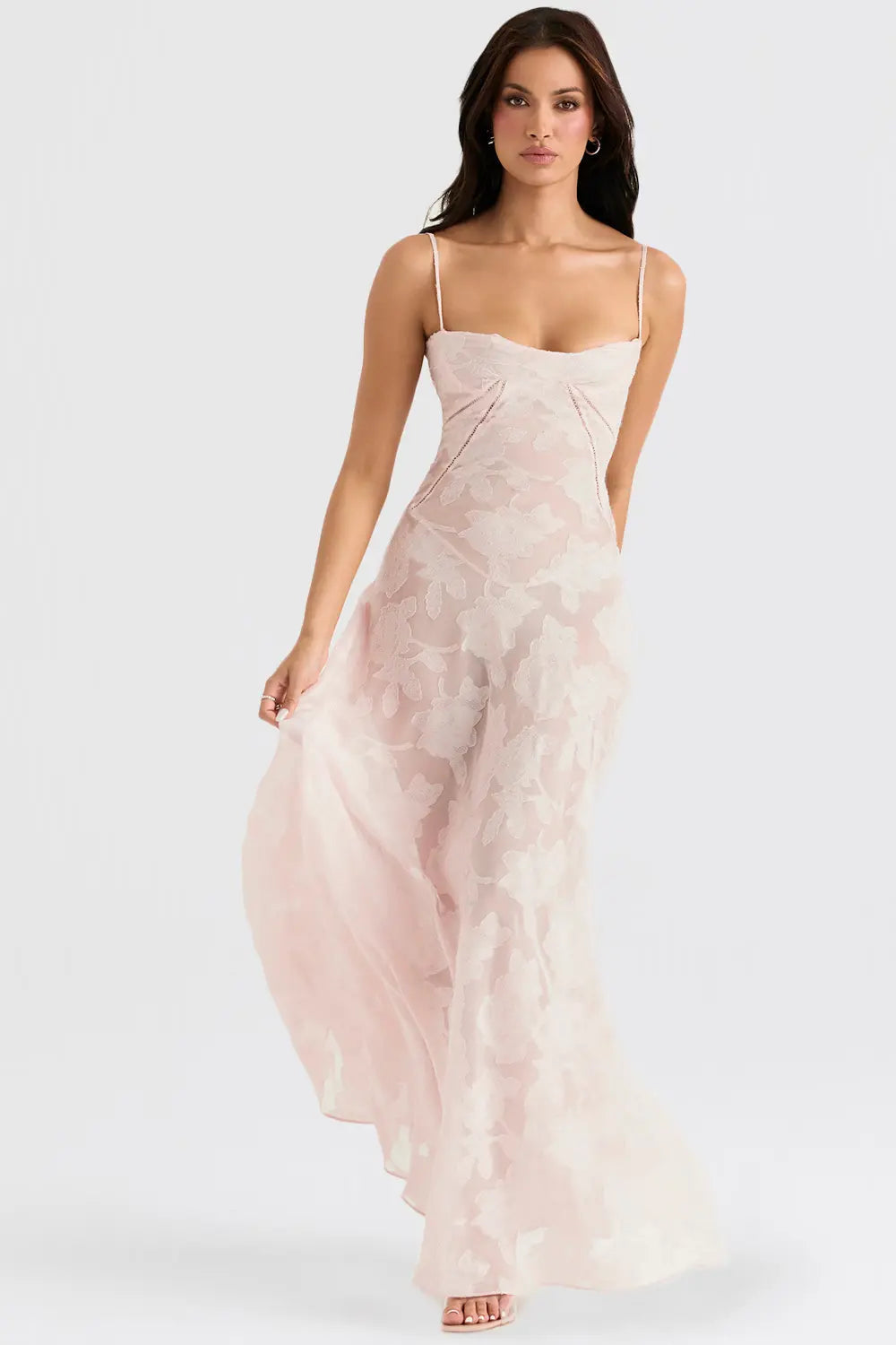 Women's Spaghetti Strap Lace-Up Back Maxi Dress, styled on model, full length