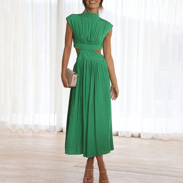 Women's Mock Neck Cap Sleeve Cutout Midi Dress in Green