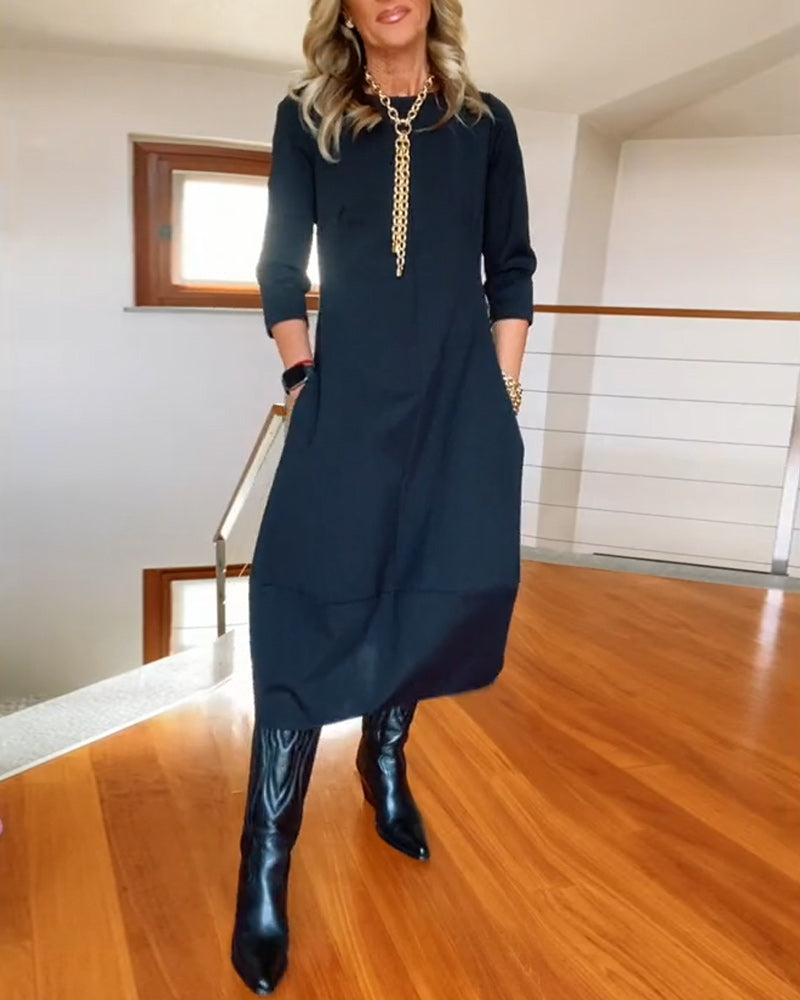 Women's Zip Front 3/4 Sleeve Midi Dress with Pockets, on model, detail view
