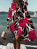 Women's Printed Long Sleeve Loose Fit Midi Shirt Dress in Red