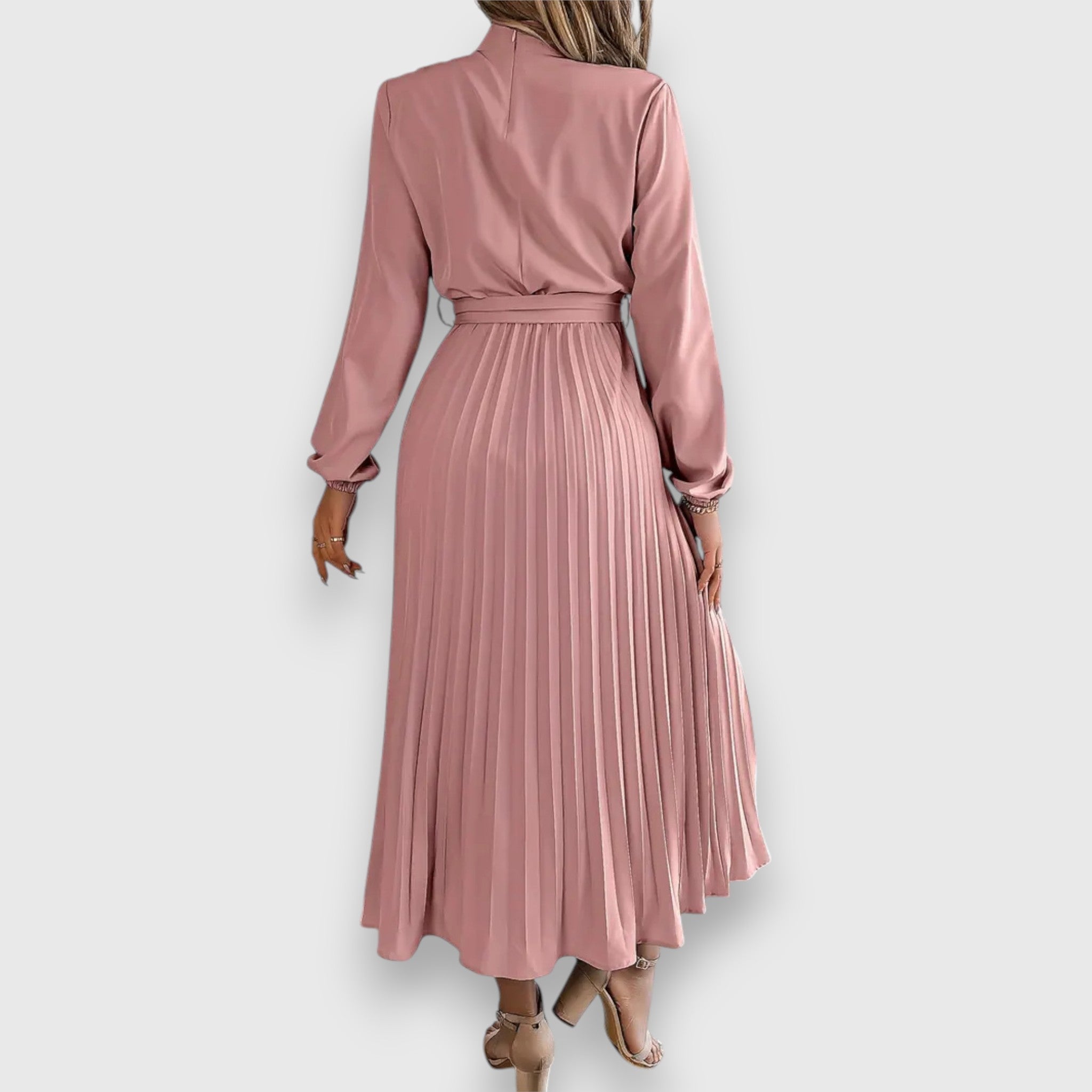 Women's Mock Neck Pleated Midi Dress with Tie Belt, on model, alternate angle