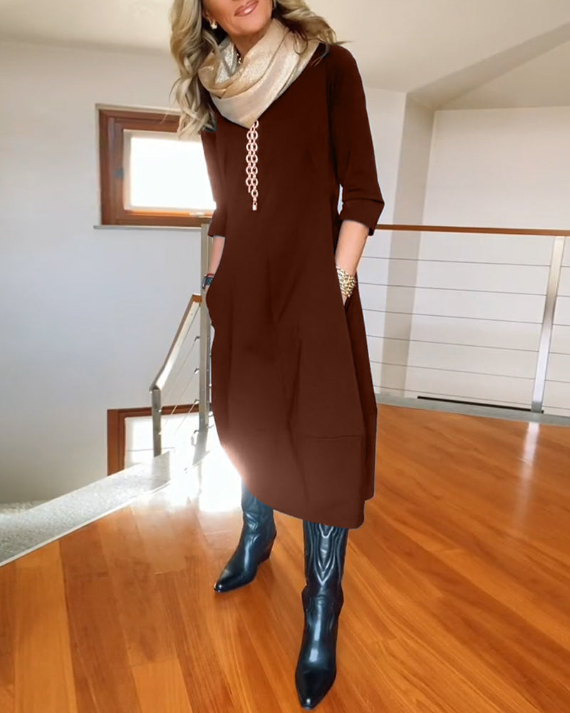 Women's Zip Front 3/4 Sleeve Midi Dress with Pockets, on model, alternate angle