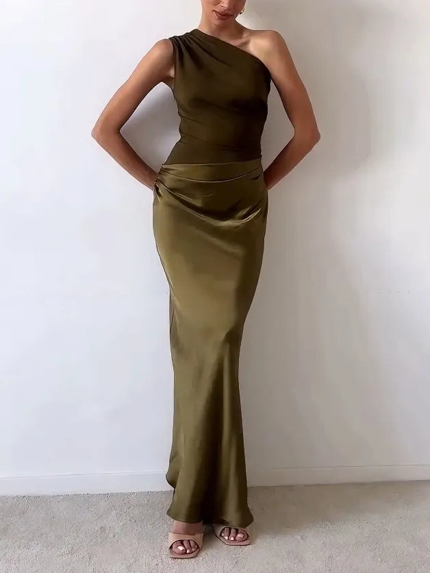 Women's olive green one-shoulder maxi dress with ruched bodice