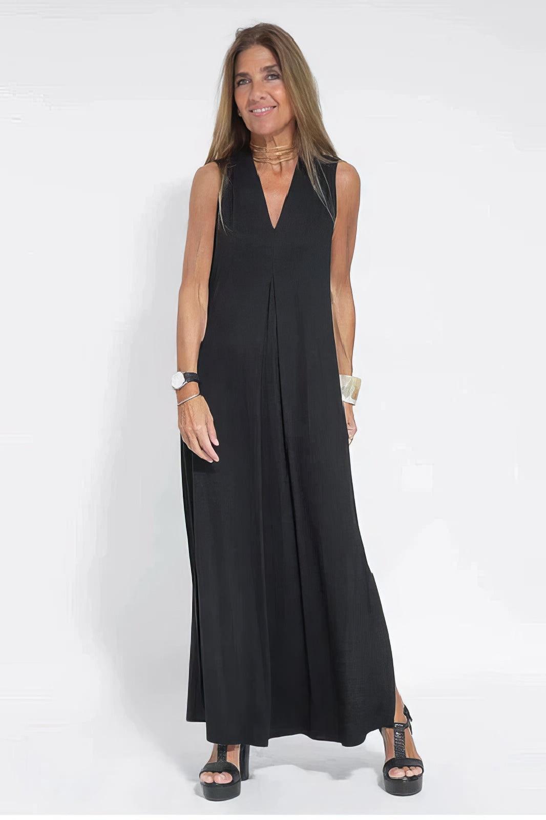 Women's Sleeveless Draped V-Neck Flowy Maxi Dress in Black, on model