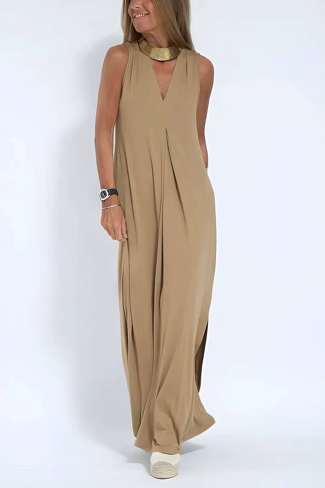 Women's Sleeveless Draped V-Neck Flowy Maxi Dress, styled on model