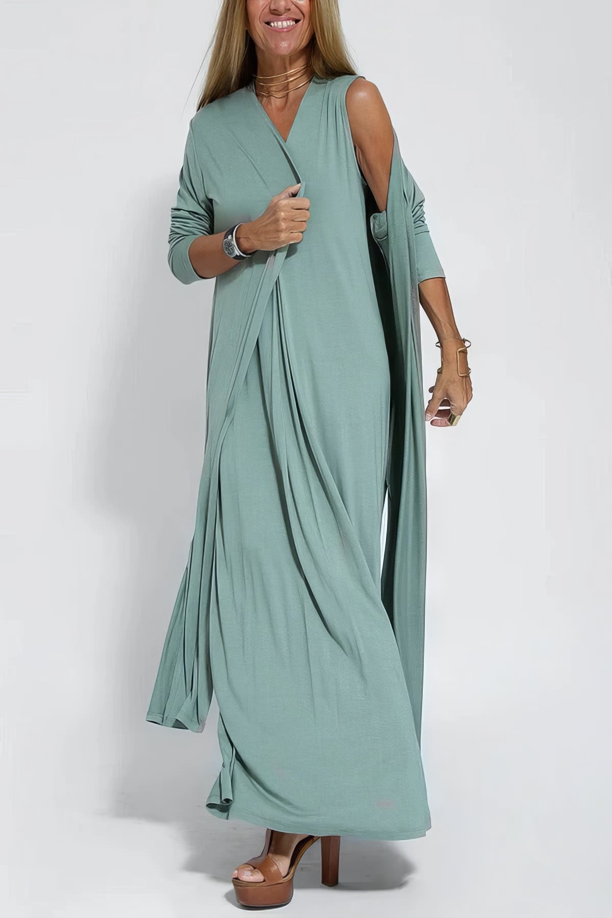 Women's Sleeveless Draped V-Neck Flowy Maxi Dress, on model, alternate angle