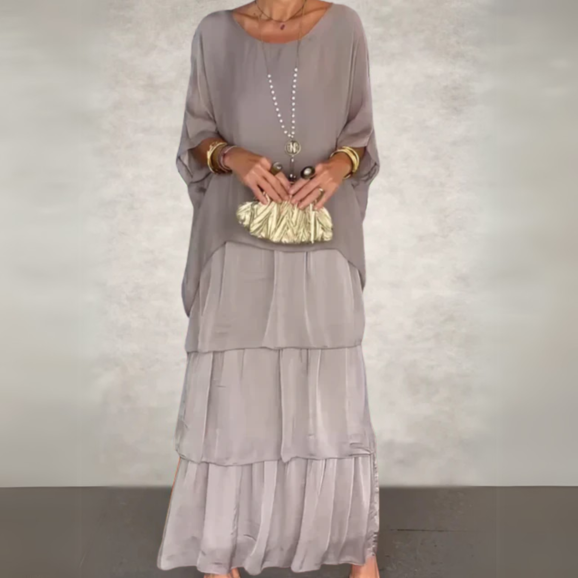 Women's Batwing Sleeve Loose Fit Tiered Maxi Dress in Gray, on model