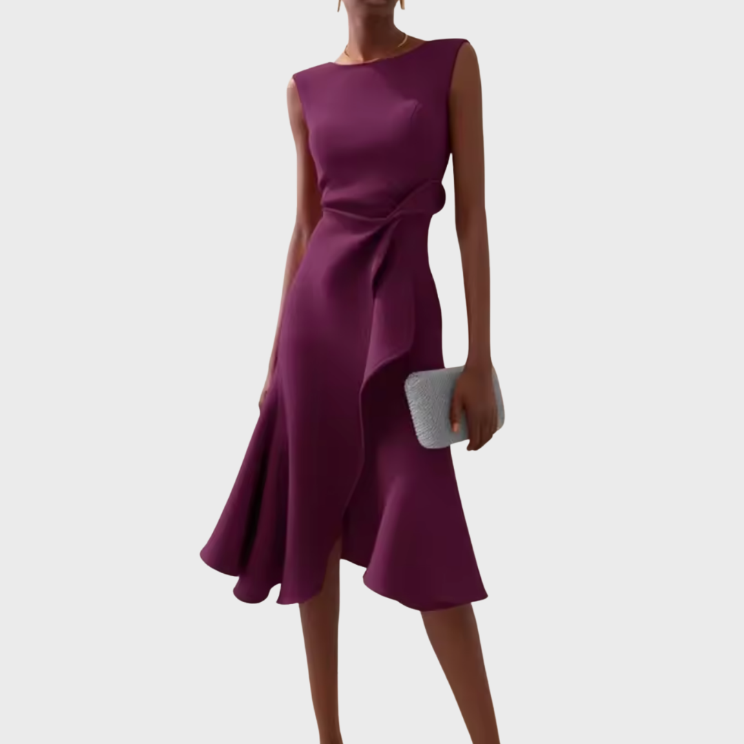 Women's sleeveless purple midi dress with wrap-effect flounced skirt
