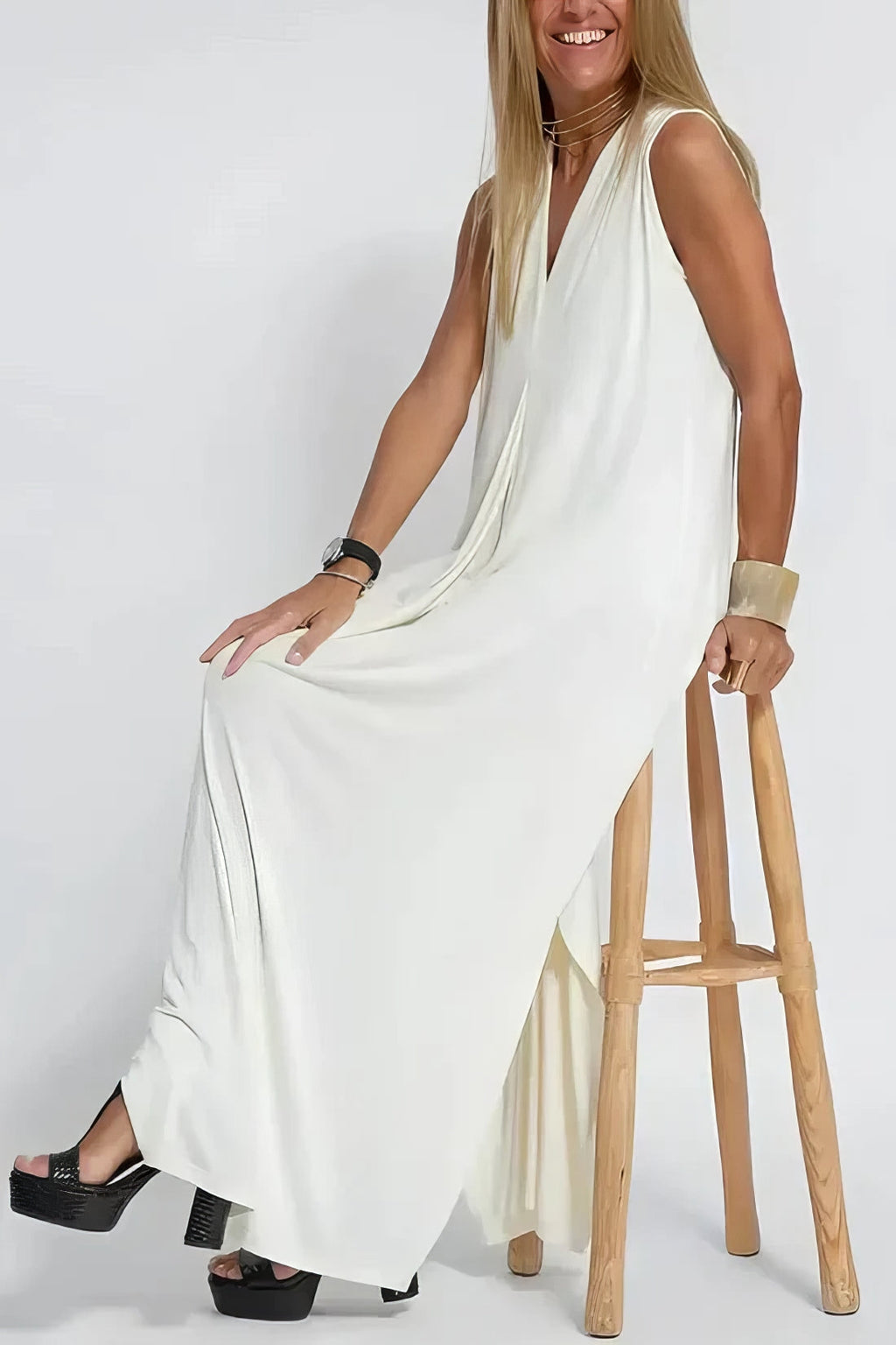 Women's Sleeveless Draped V-Neck Flowy Maxi Dress, on model, detail view