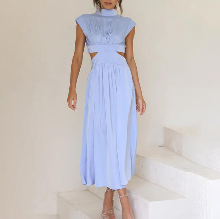 Women's Mock Neck Cap Sleeve Cutout Midi Dress in Blue, on model