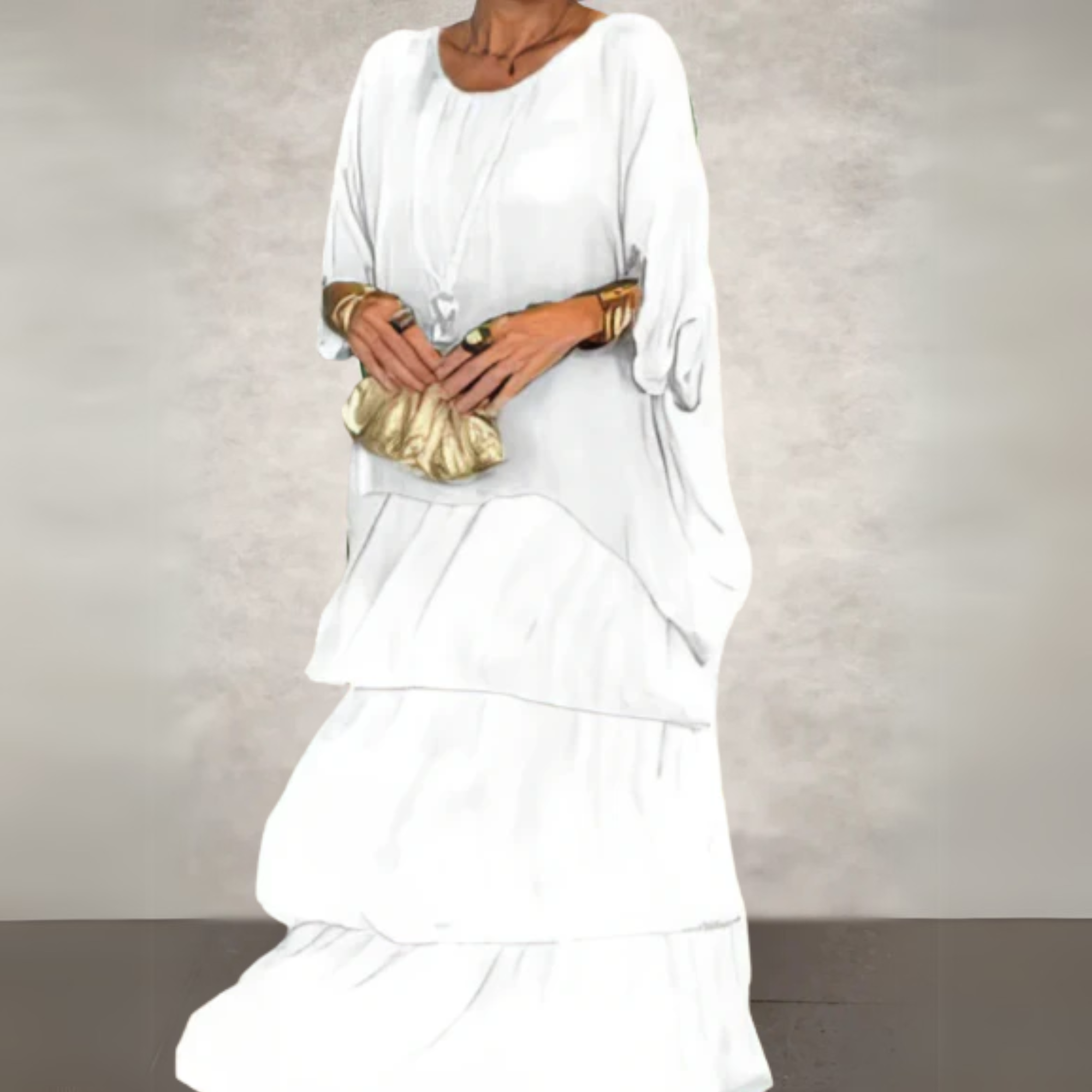 Women's Batwing Sleeve Loose Fit Tiered Maxi Dress in White, on model