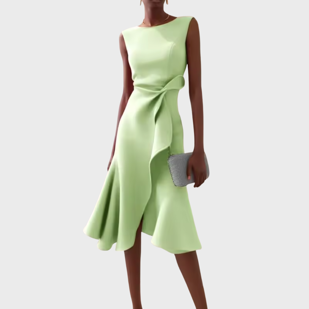 Women's sleeveless light green midi dress with twist waist and flounce hem
