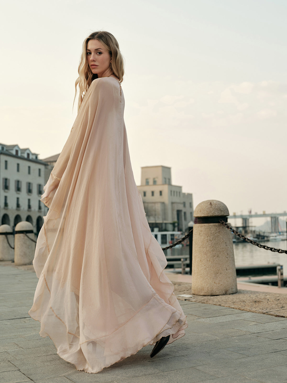 Women's Chiffon Cape Sleeve Ruffle Maxi Dress, styled on model, full length
