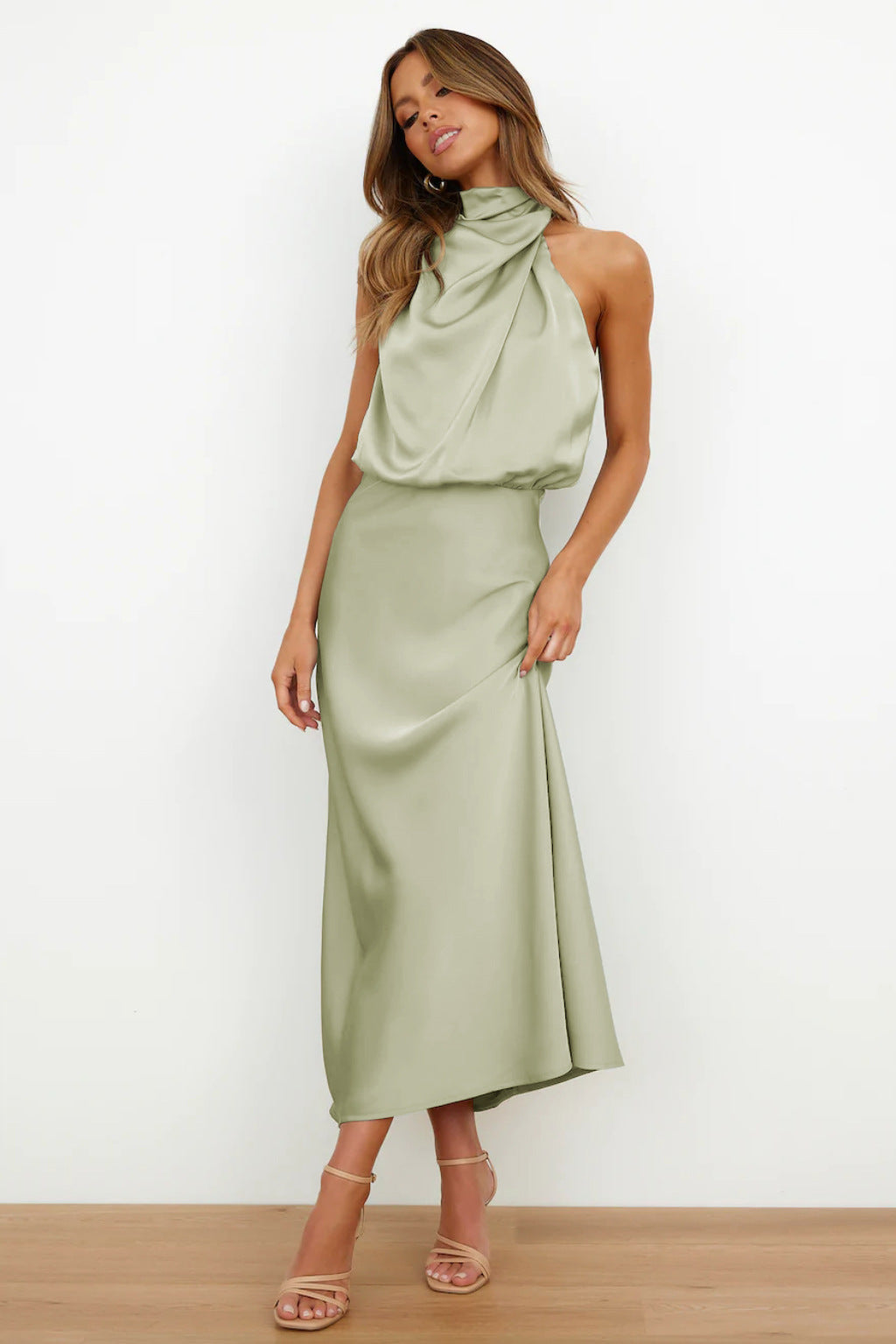 Women's Sleeveless Satin Halter Neck Midi Dress, styled on model
