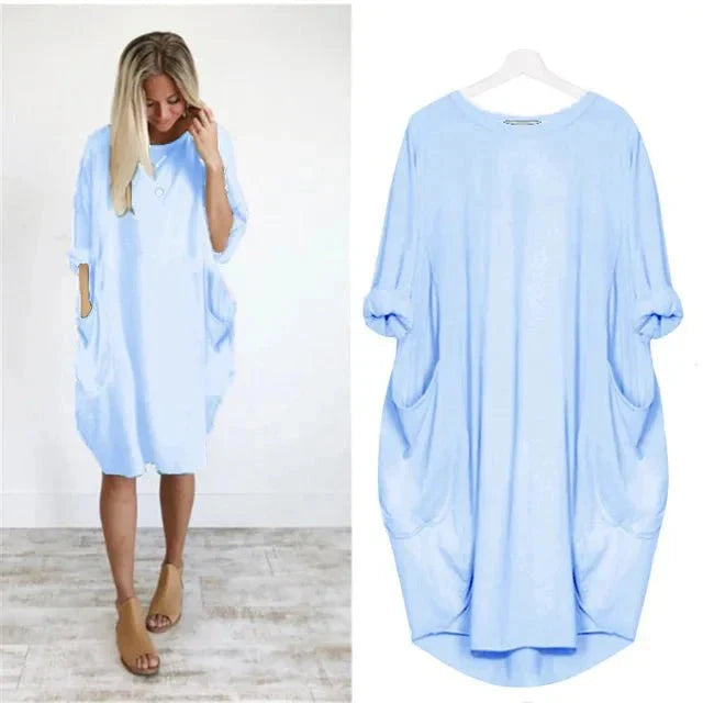 Women's Oversized Knee-Length Cocoon Dress with Pockets in Light Blue, model and flat lay view