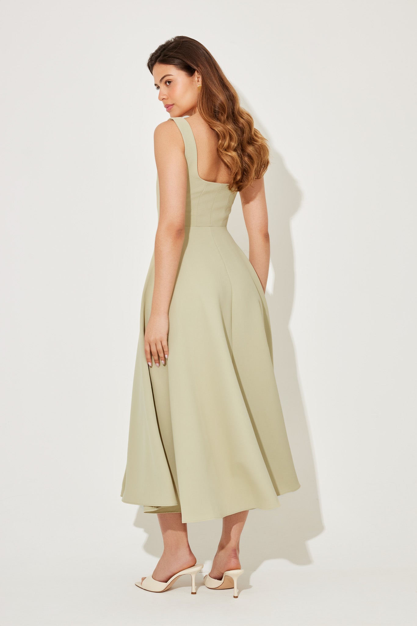 Women's Square Neck Sleeveless Fit and Flare Midi Dress, on model, alternate angle