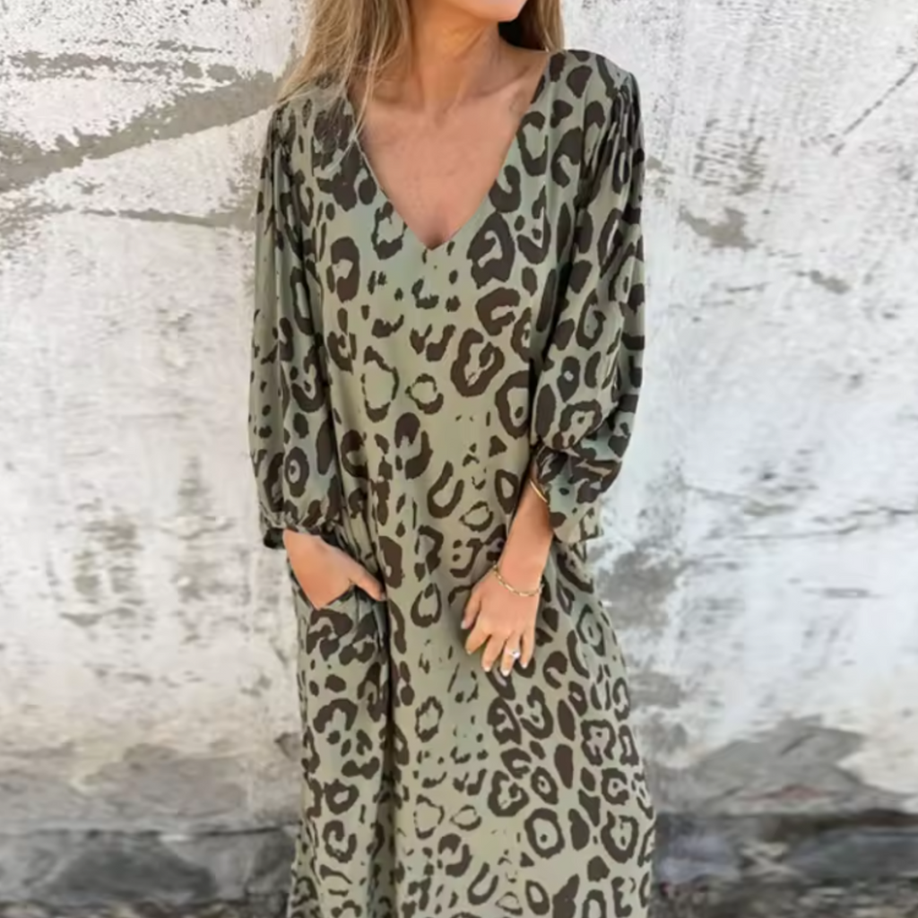 Women's khaki leopard print maxi dress with V-neck and side pockets