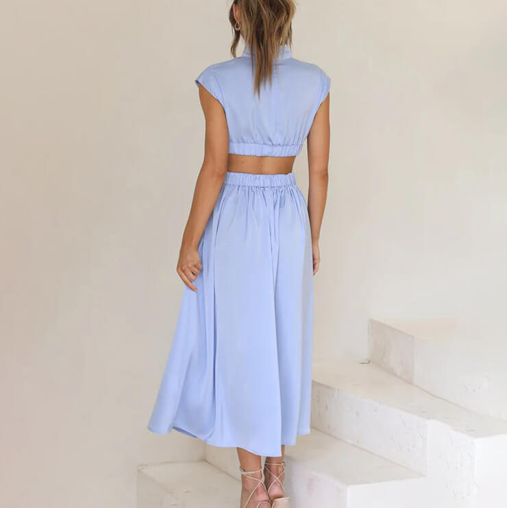 Women's Mock Neck Cap Sleeve Cutout Midi Dress, styled on model