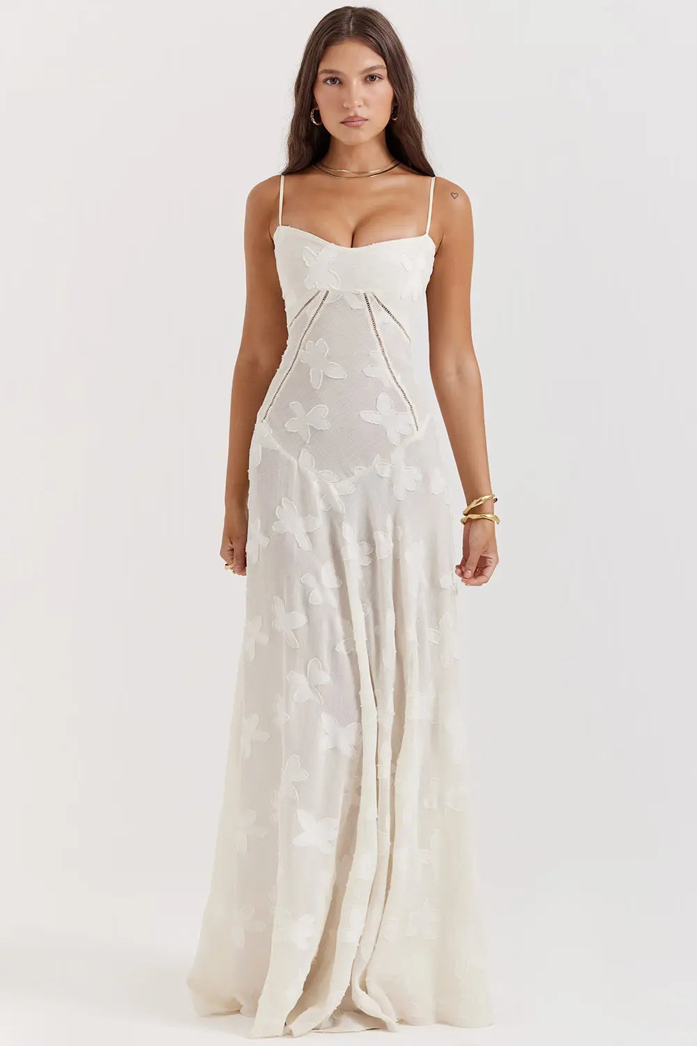 Women's Spaghetti Strap Lace-Up Back Maxi Dress in White, on model