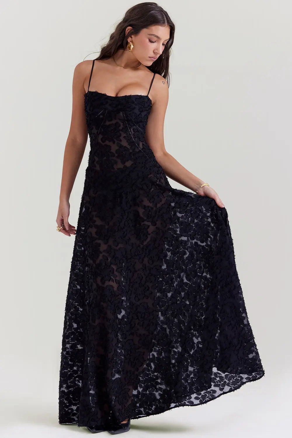Women's Spaghetti Strap Lace-Up Back Maxi Dress, on model, alternate angle