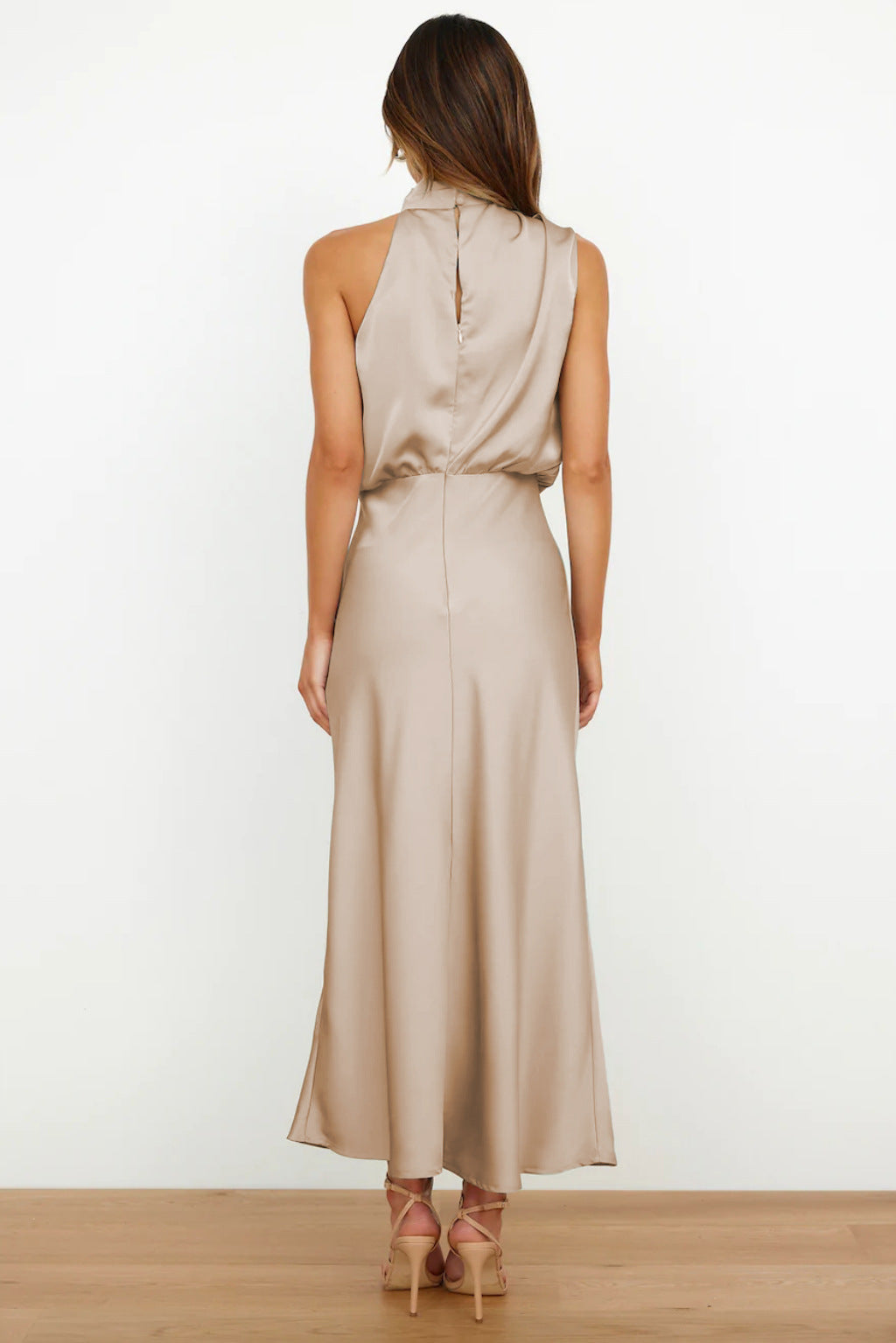 Women's Sleeveless Satin Halter Neck Midi Dress, on model, detail view