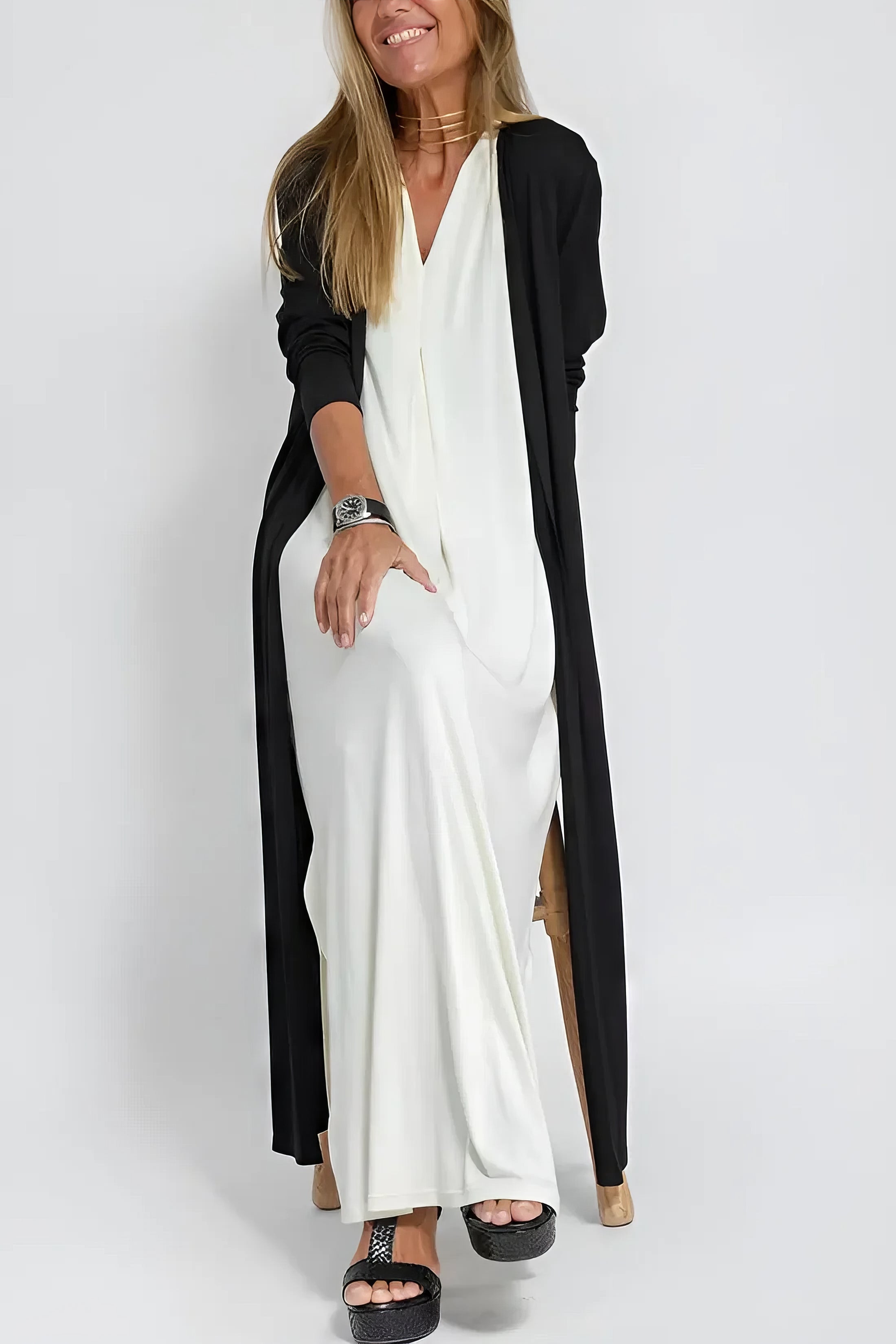Women's Sleeveless Draped V-Neck Flowy Maxi Dress, styled on model, full length