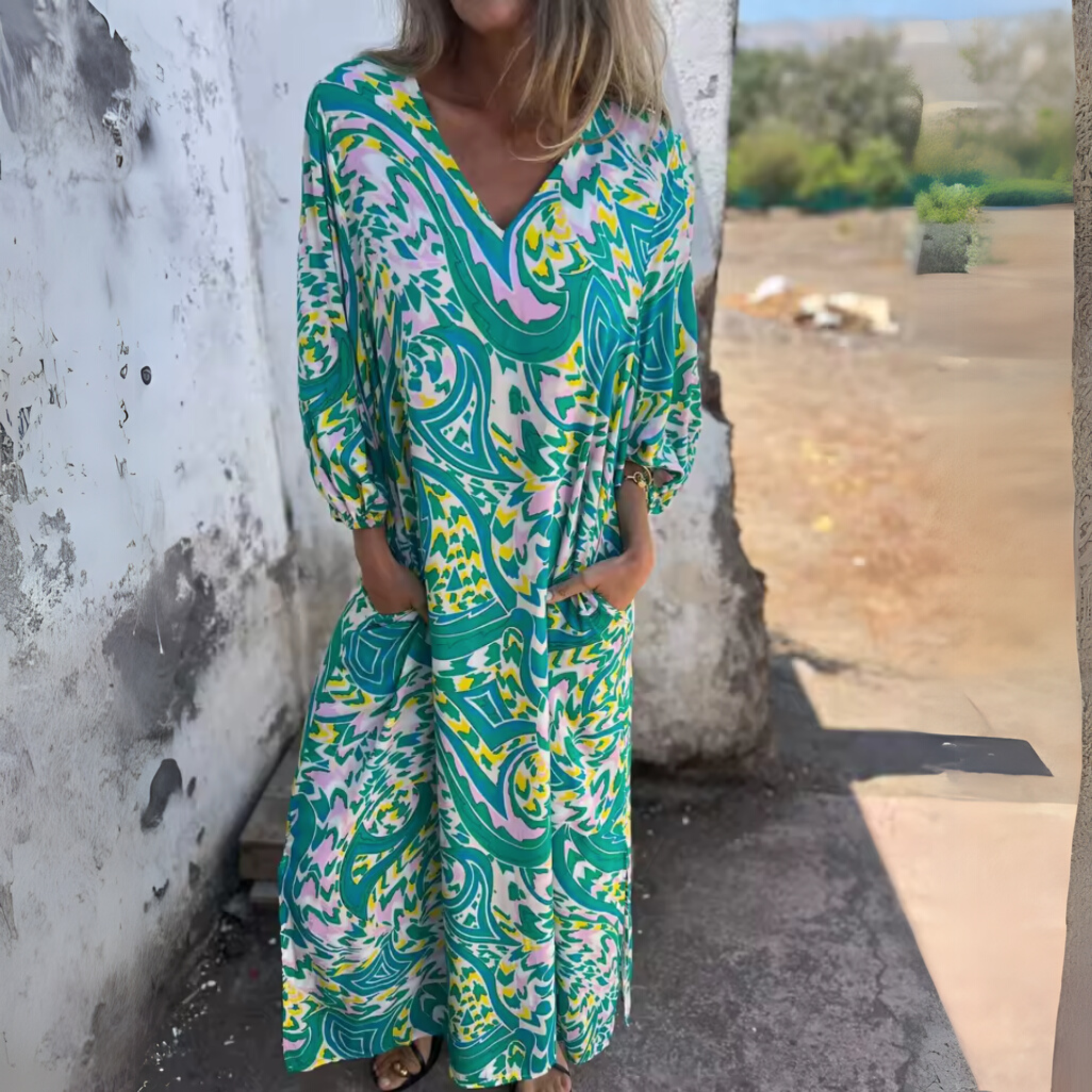Women's green and pink swirl print maxi dress with V-neckline