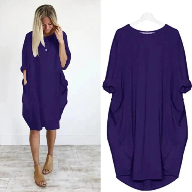 Women's Oversized Knee-Length Cocoon Dress with Pockets in Blue, model and flat lay view