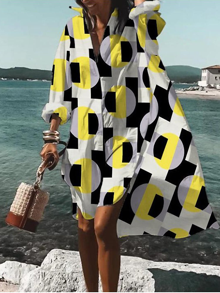 Women's Printed Long Sleeve Loose Fit Midi Shirt Dress in Yellow, on model