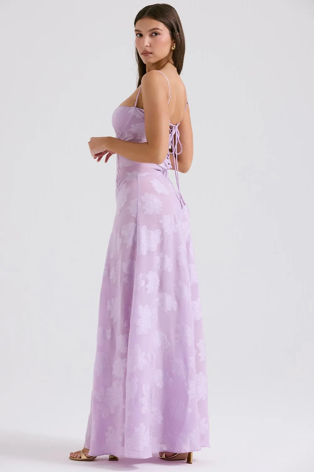 Women's Spaghetti Strap Lace-Up Back Maxi Dress, styled on model, full length