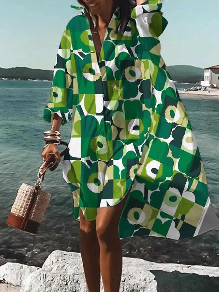 Women's Printed Long Sleeve Loose Fit Midi Shirt Dress in Green White, on model