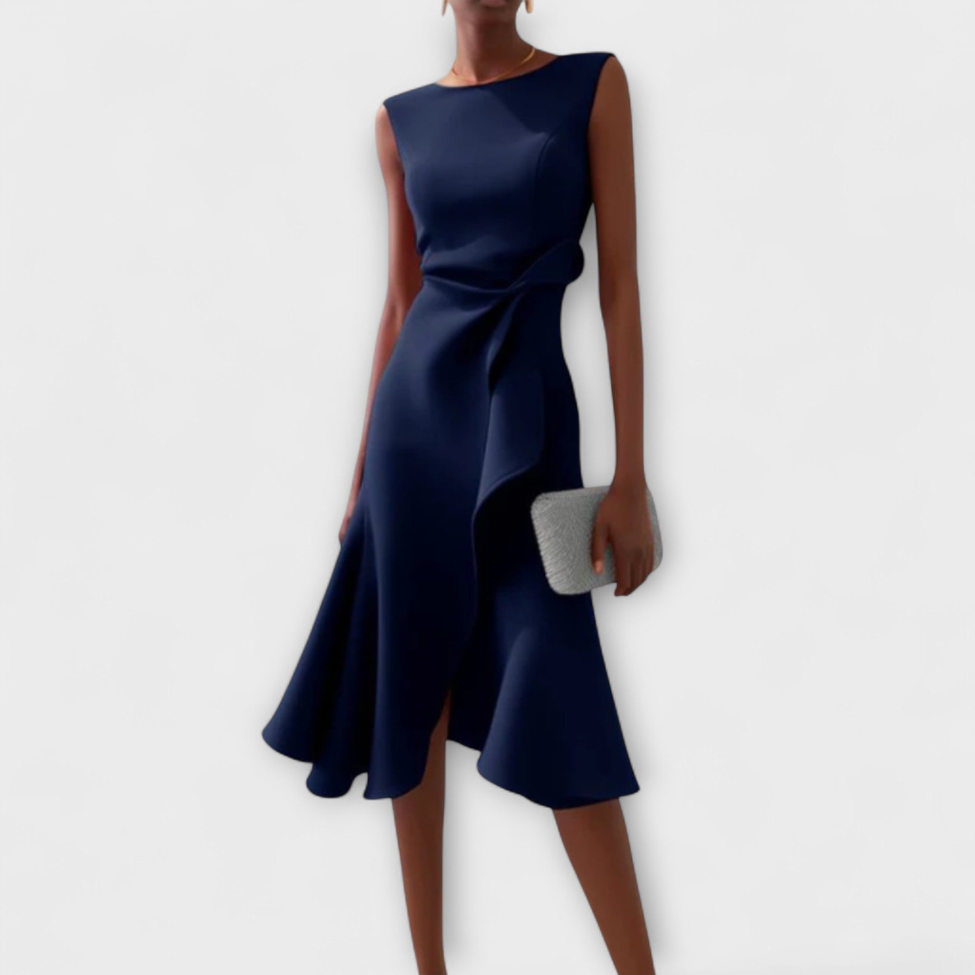 Women's sleeveless navy blue midi dress with twist-knot waist detail