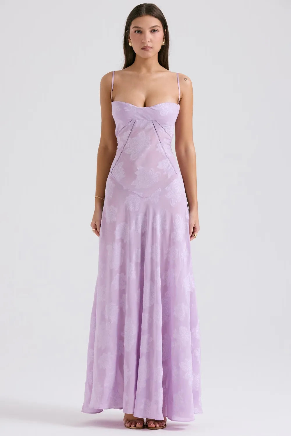 Women's Spaghetti Strap Lace-Up Back Maxi Dress in Purple, on model