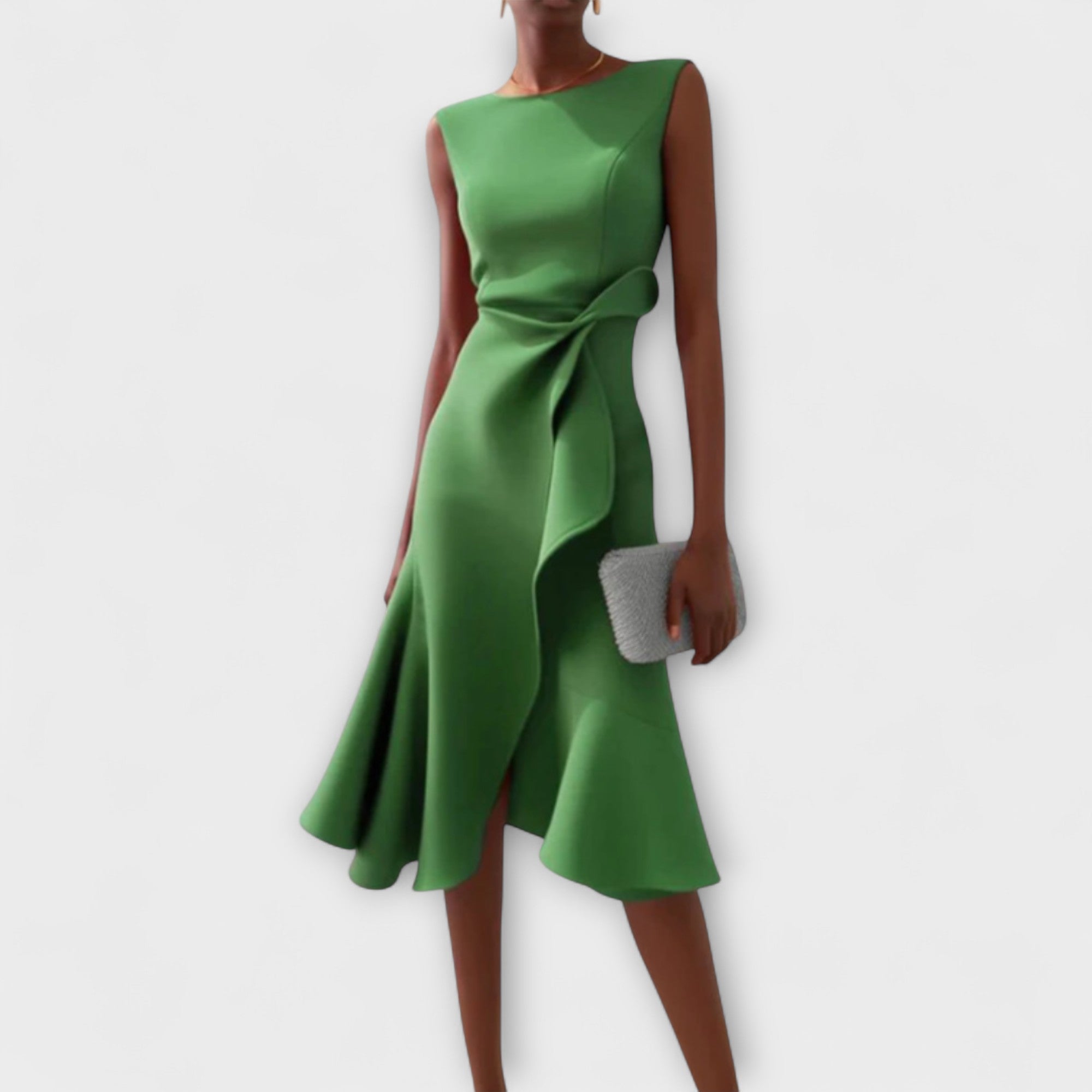 Women's sleeveless green midi dress with twist-front detail and boat neckline