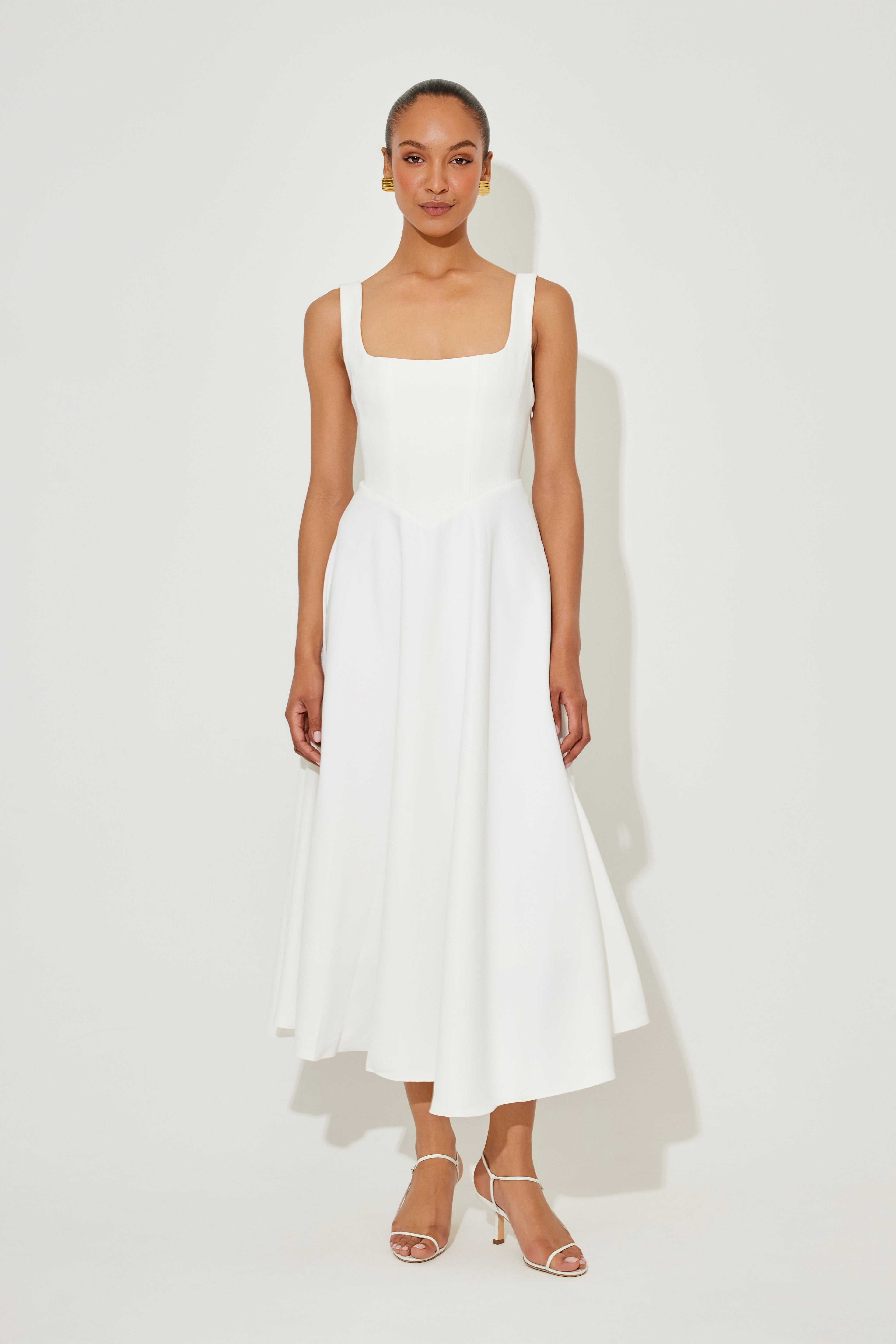 Women's Square Neck Sleeveless Fit and Flare Midi Dress in White