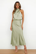 Women's Sleeveless Satin Halter Neck Midi Dress in Light Green