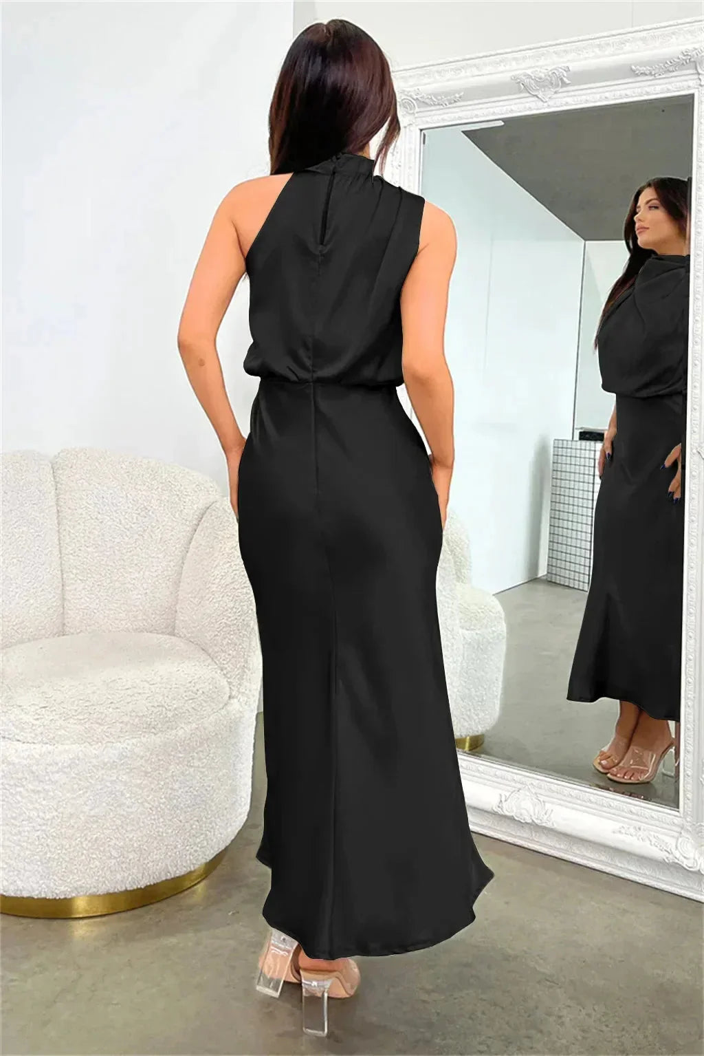 Women's Sleeveless Satin Halter Neck Midi Dress, styled on model, full length