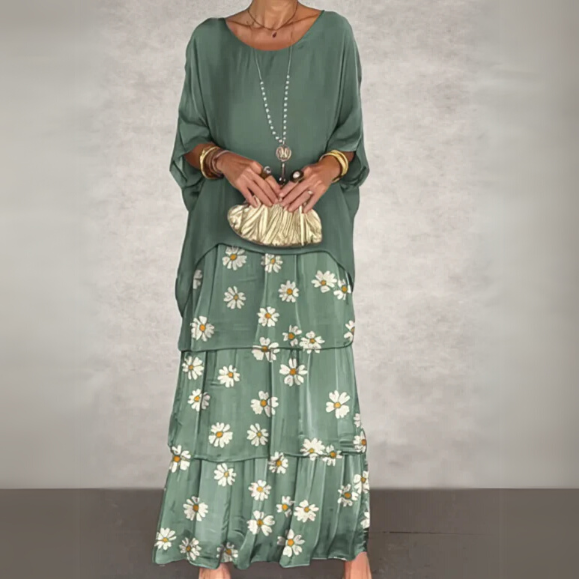 Women's Batwing Sleeve Loose Fit Tiered Maxi Dress in Green Daisy, on model