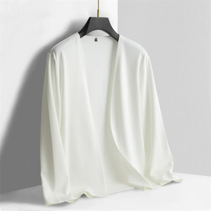 Men's Lightweight Open-Front Cardigan with Long Sleeves in White, front view on a hanger