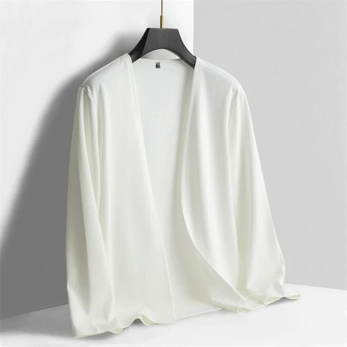 Men's Lightweight Open-Front Cardigan with Long Sleeves in White, front view on a hanger