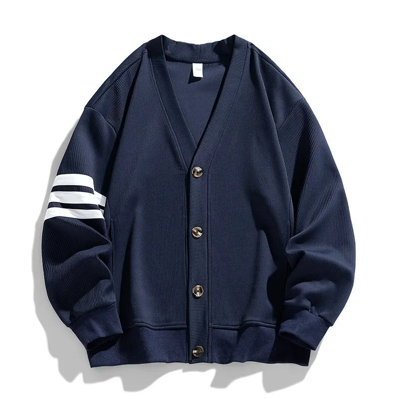 Men's Button-Up V-Neck Cardigan with Striped Sleeve, product view